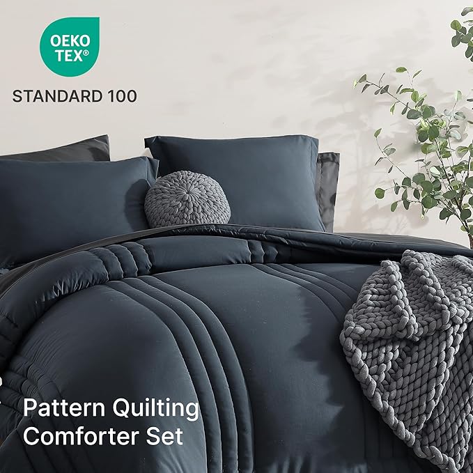 Monbix California King Size Comforter Set - 7 Pieces Bed in a Bag Cal King, Blue Grey Bedding Sets with Comforter, All Seasons Down Alternative Comforter Bed Set with Sheets, Pillowcases & Shams