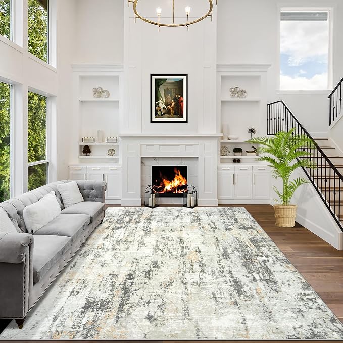 8x10 Area Rugs for Living Room: Washable Abstract Grey Brown Badroom Carpet | by GENTDRIZZ