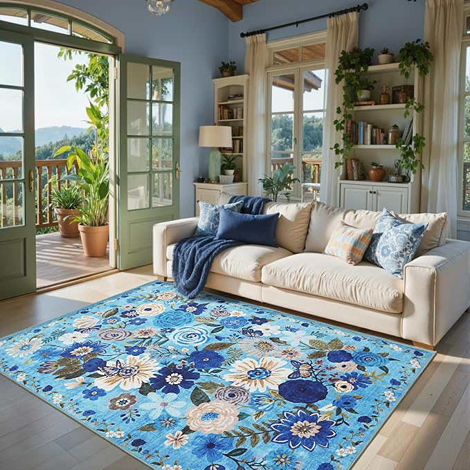 Blue Floral Area Rug 4x6 for Bedroom Dining Room | Boho Style; Low Pile; Non by WelcometoBabovid
