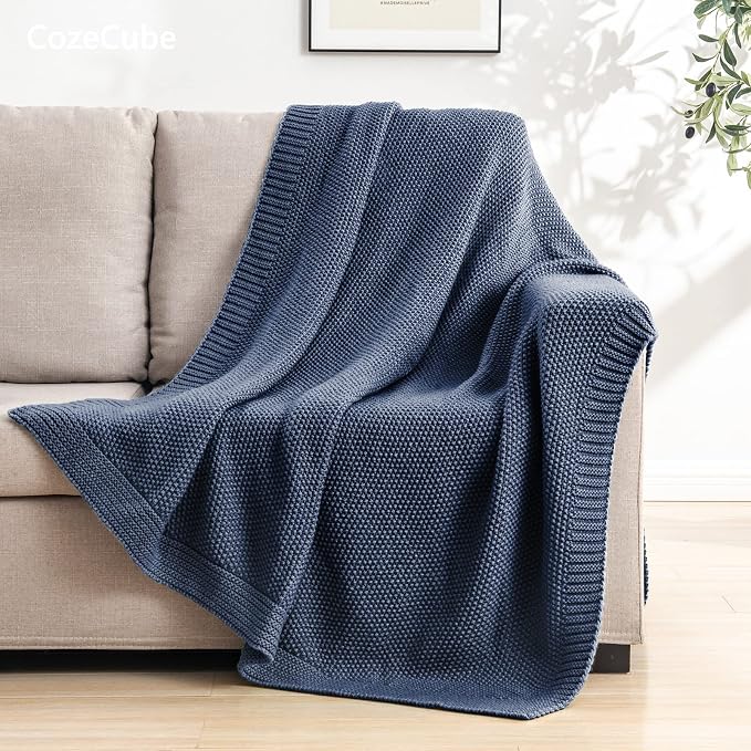 CozeCube Dusty Blue Seed Stitch Throw Blanket 50"x60", Farmhouse Decor | Blanket - Image 3