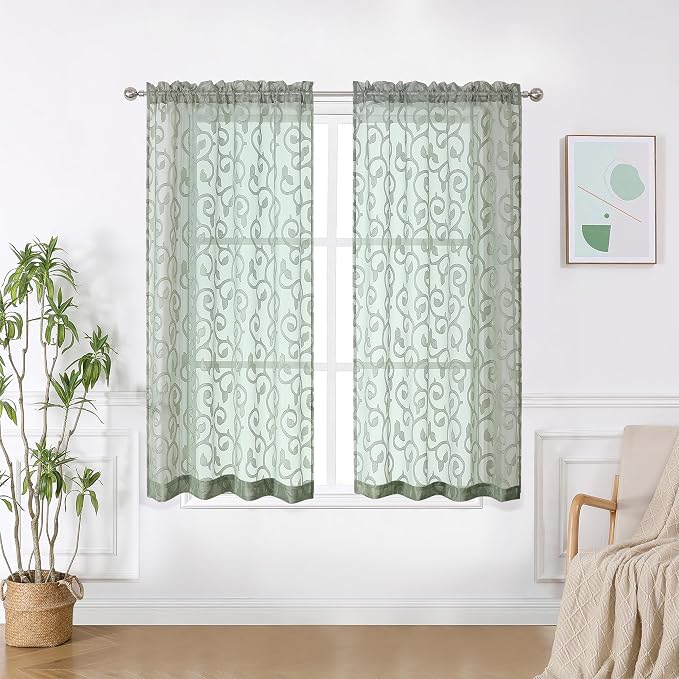 Furman Sheer Curtains 45 Inch Length 2 Panels Set, Elegant Geometric Jacquard by OWENIE