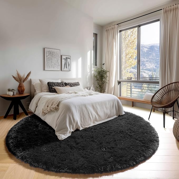 Black Round Rugs 7ft for Living Room, Fluffy Bedroom Circle Area Rug, Soft - Image 3