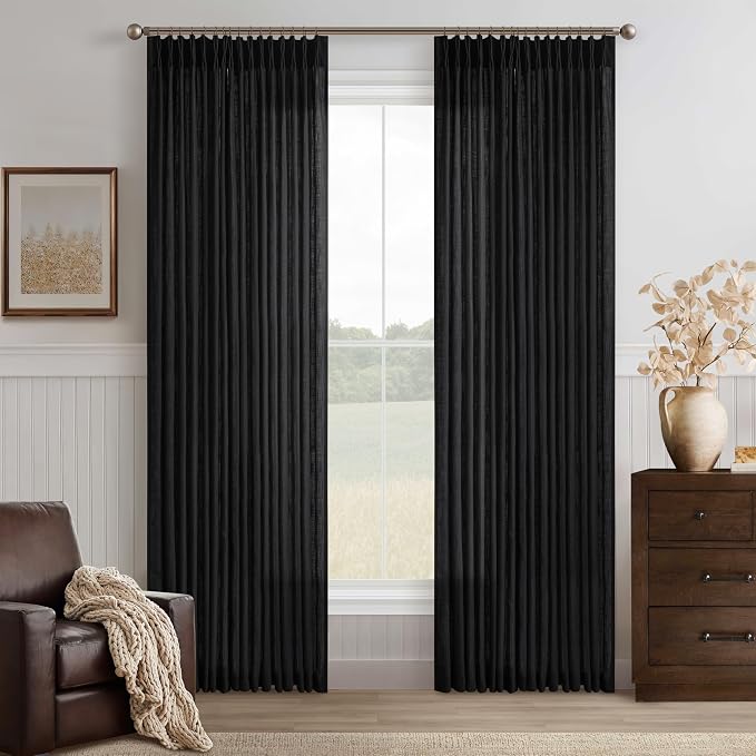Pinch Pleat Light Filtering Sheer Black Linen Curtains 86 Inch Long 2 Panel | by Twodrapes