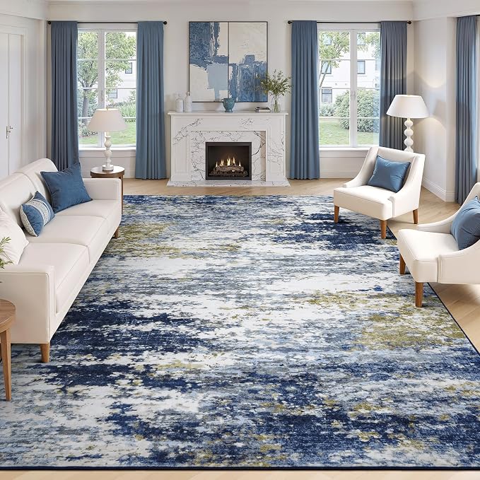 8x10 Area Rug for Living Room, Abstract Washable Large Rugs, Dark Blue | by Lofus