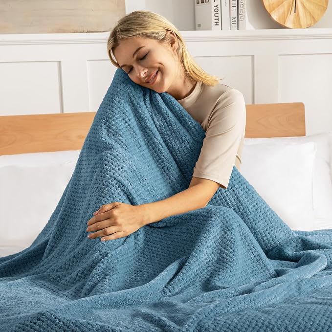 Exclusivo Mezcla Soft Waffle Fleece Bed Blanket Queen Size, Slate Blue | - Image 2