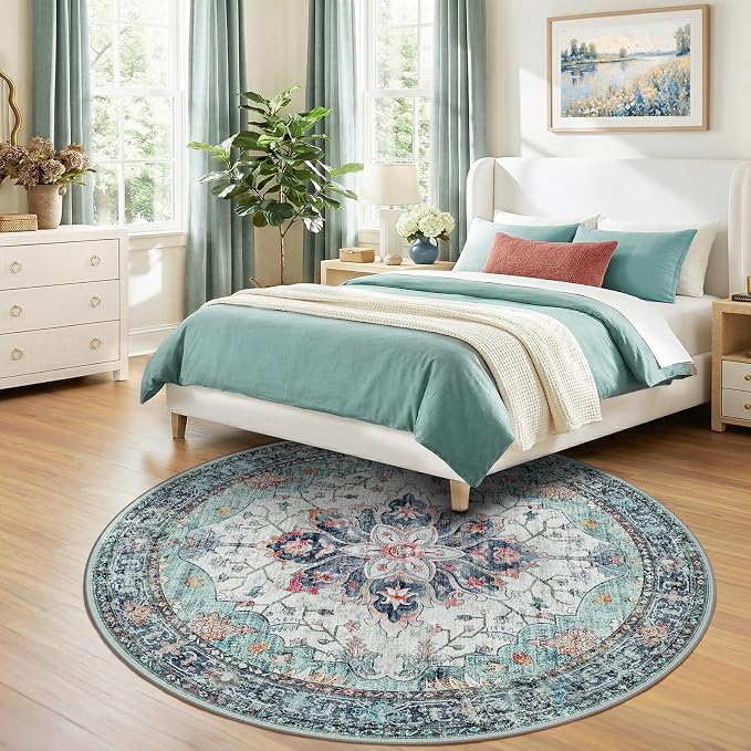 RELEANY Washable Area Rug, Round 7ft, Teal Green/White/Navy | Non-Slip - Image 2