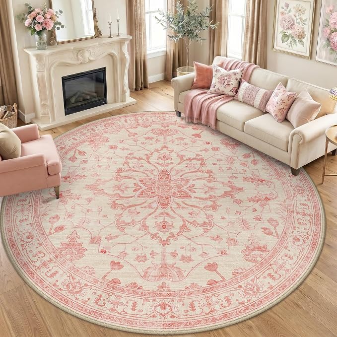 RELEANY Washable Area Rug, Round 8ft, Water Repellent, Pet Friendly, Vintage by RELEANY