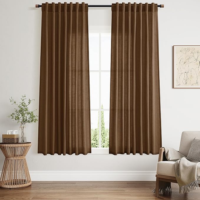 Tobacco Brown Linen Curtains 63 Inches Long 2 Panels by Nanspring