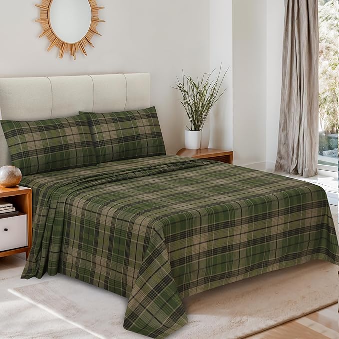 RUVANTI Flannel Sheets California King Size - 100% Cotton Brushed Cal King Bed Sheets Set - Deep Pockets 14 Inches - All Seasons Breathable & Extra Soft - Warm & Cozy, 4 Piece, DNA Plaid