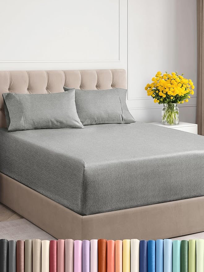 Extra Deep Twin Sheet Set - 4 Piece Breathable and Cooling Sheets - Hotel Luxury Bed Sheets Set - Easy Fit - Soft, Wrinkle Free and Comfy Sheets Set - Heathered Grey Sheet Set with Extra Deep Pockets