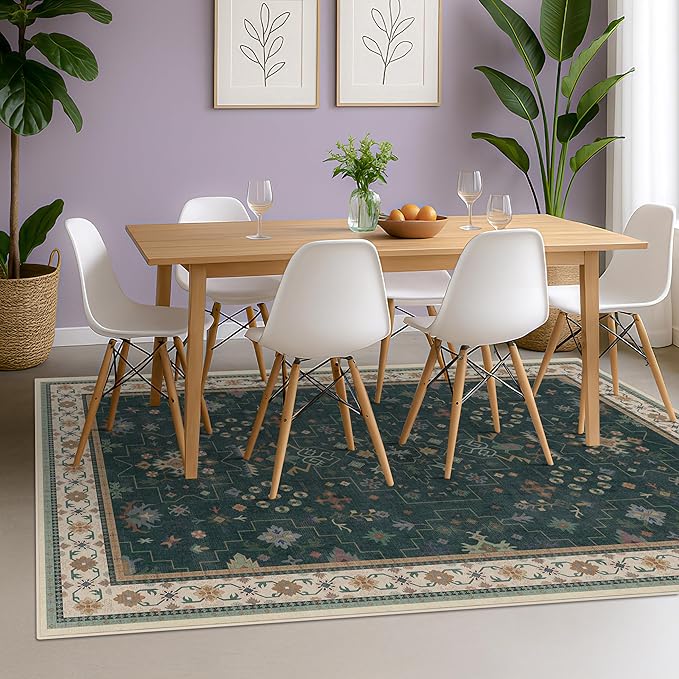Vintage Dark Green 7x9 Dining Room Rugs by HazoHaus