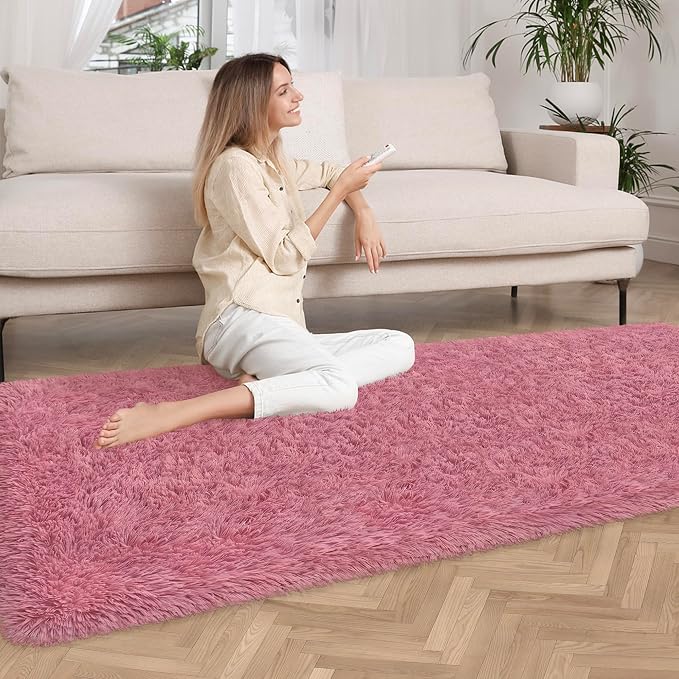 2x6 Bedside Area Rugs for Bedroom Soft Fluffy Shag Blush Pink Rug for Hallway - Image 2