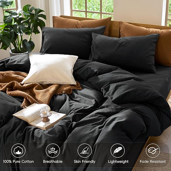 MooMee Bedding Duvet Cover Set 100% Washed Cotton Linen Like Textured Breathable Durable Soft Comfy (Solid Black, Super King 108"x98")