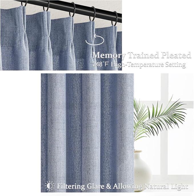 Extra Long 108 Inch Dusty Blue Pleated Linen Light Filtering Sheer Curtains - Image 3
