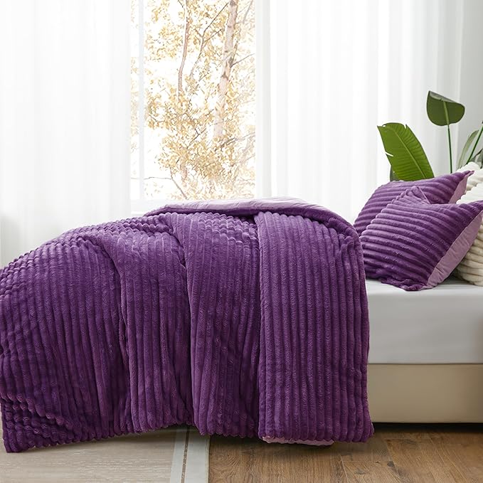 BEDELITE Fleece Queen Comforter Set -Super Soft & Warm Fluffy Purple Bedding, Luxury Fuzzy Heavy Bed Set for Winter with 2 Pillow Cases