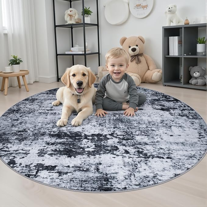 Round Area Rug Living Room: 4 ft Modern Washable Carpet Black | - Image 3