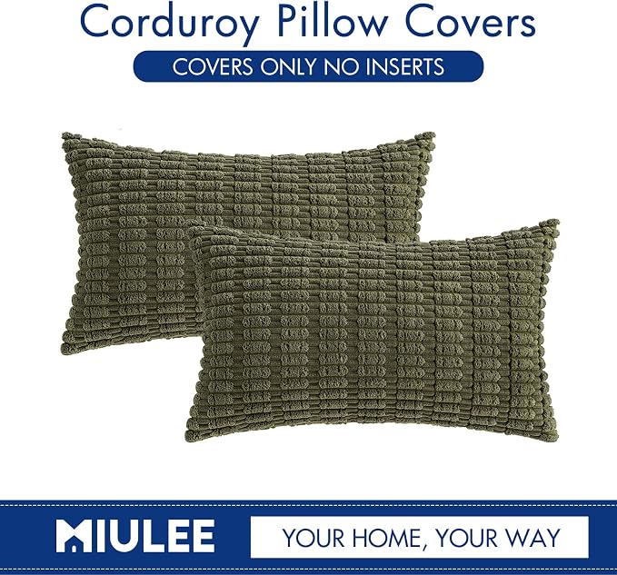 MIULEE Lumbar Corduroy Decorative Throw Pillow Covers 12x20 Olive Green | Pack - Image 9