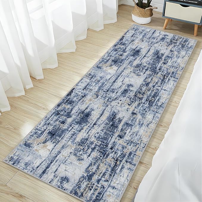 2'6''x8' Runner Rugs Washable Rug: Modern Abstract Hallway Blue Gold Carpet | - Image 3