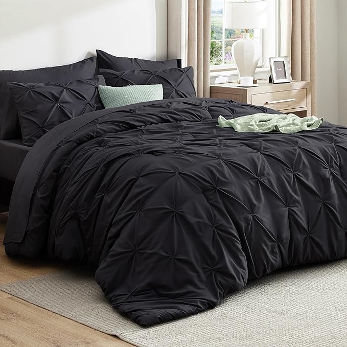 Bedsure Oversized King Comforter Set Black - Bed in a Bag Bedding Set 7 Pieces, GentleSoft™ Pintuck Bed Set Gift for Family, Pinch Pleat Black Comforter with Sheets, Pillowcases & Shams