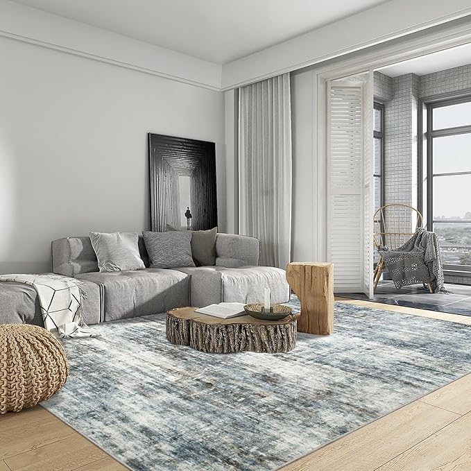 6x9 Area Rugs for Living Room: Washable Abstract Blue Multi Badroom Carpet | - Image 4