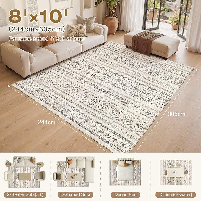 cotiled Boho 8x10 Area Rugs for Living Room: Large Moroccan Washable Rug | - Image 9