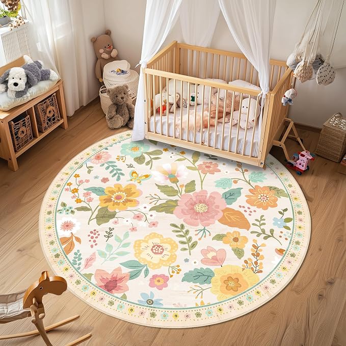 RELEANY Floral Washable Round 8ft Area Rug Beige/White/Orange | Flower Carpet - Image 2