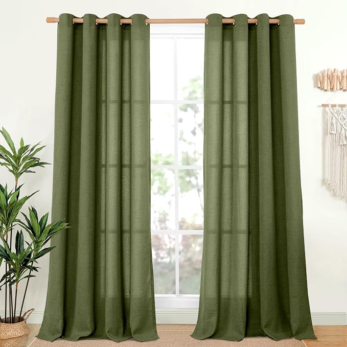YoungsTex Olive Green Linen Curtains, Semi Sheer Drapes by YoungsTex