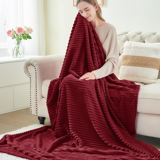 BEDELITE 3D Ribbed Burgundy Fleece Throw Blanket - Image 6