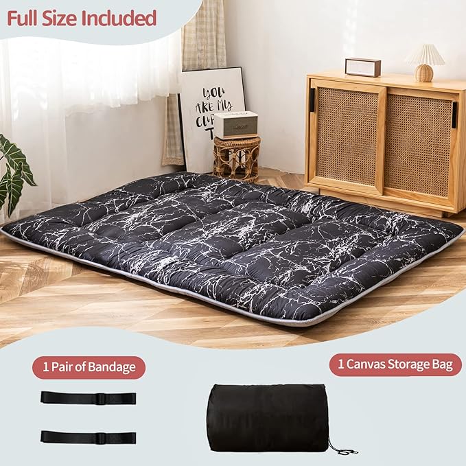 MAXYOYO Black Marble Printed Japanese Futon Floor Mattress, Thicken Sleeping Pad Floor Bed Roll Up Camping Guest Mattress Folding Couch Bed, Full Size