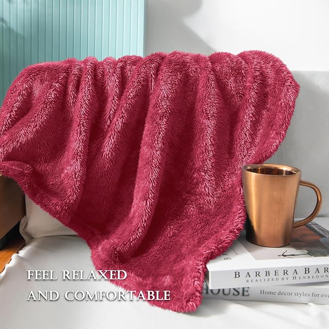 Exclusivo Mezcla Plush Fuzzy Fleece Bed Blanket Queen Size, Super Soft, Fluffy and Warm Blankets Suitable for All Seasons (Deep Red, 90x90 Inches)