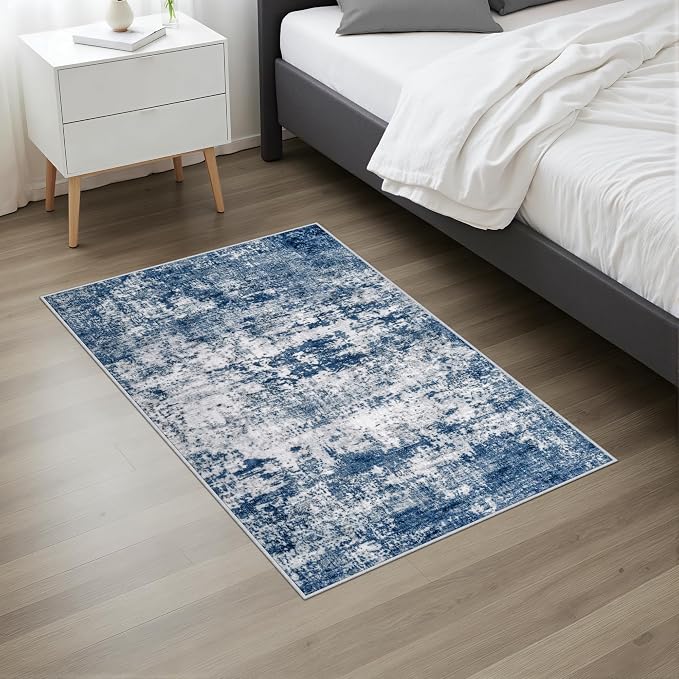 2x3 Washable Entryway Rug: Modern Abstract Indoor Soft Carpet Blue | - Image 4