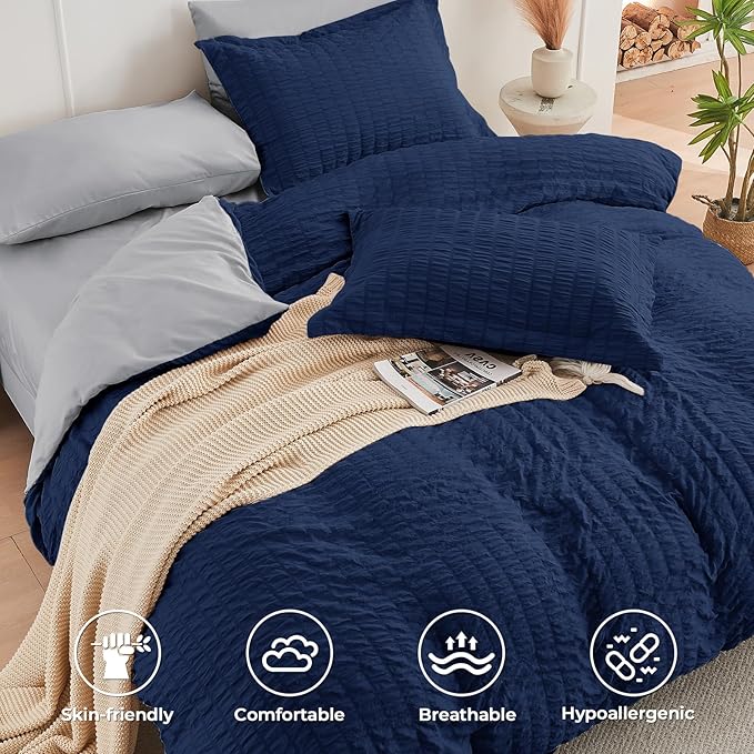 HYMOKEGE Navy Blue/Light Grey California King Comforter Set Seersucker 7 Pieces, All Season Luxury Bed in a Bag for Bedroom, Bedding Set with Comforter, Sheets, Pillowcases & Shams
