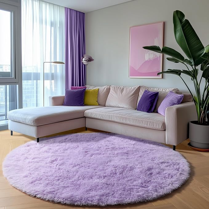 Light Purple Round Rugs 5ft, Fluffy Soft Circle Area Rug - Image 3