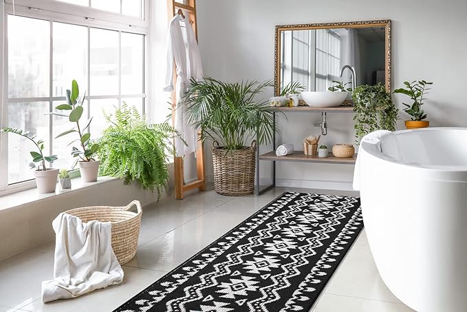 Custom Length Cut to Size Tribal Ethnic Southwestern Inspired Hallway Runner Rug, Non Slip Rubber Backed, 31 inch Wide X Customized Length, Aztec Black, 31 inch X 6 feet