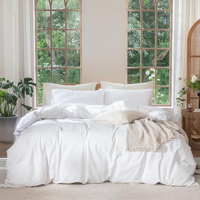 MooMee Bedding Duvet Cover Set 100% Washed Cotton Linen Like Textured Breathable Durable Soft Comfy (Solid Bright White, King 104"x90")