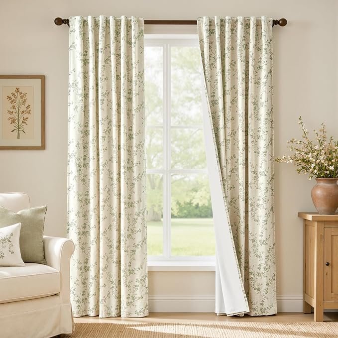 Blackout Vintage Floral Linen Curtains Green on Beige 50×84 2 Panels | Elisa by Lazzzy