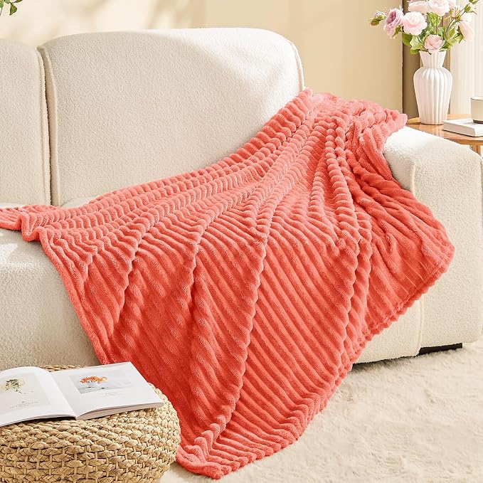 BEDELITE Ribbed Jacquard Coral Red Fleece Twin Blanket - Image 7