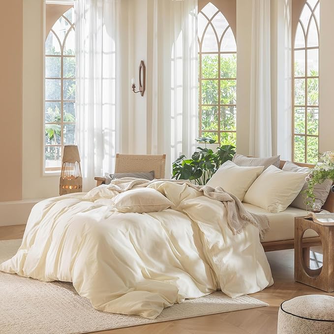 MooMee Bedding Duvet Cover Set 100% Washed Cotton Linen Like Textured Breathable Durable Soft Comfy (Solid Cream White, Oversized Queen 98"x98")