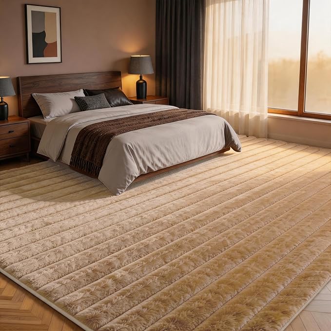 Coffee Rabbit Striped Plush Rug 6'x9', Fluffy Shaggy Area Rug - Image 2