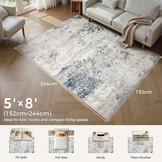 DMOYEST Area Rug Living Room Rugs 5x8 Washable Abstract Beige Blue Carpet | - Image 2