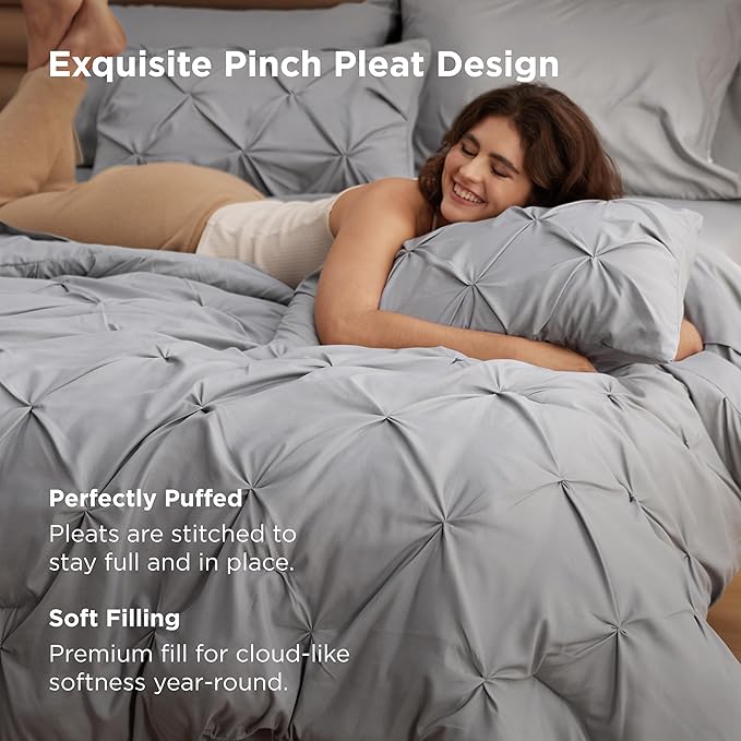 Bedsure Oversized King Comforter Set Grey - Bed in a Bag Bedding Set 7 Pieces, GentleSoft™ Pintuck Bed Set Gift for Family, Pinch Pleat Grey Comforter with Sheets, Pillowcases & Shams