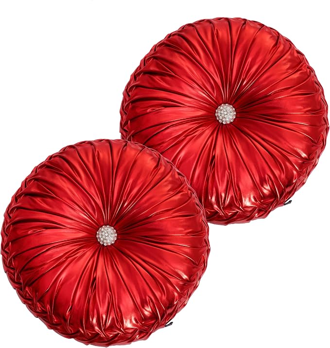 HIG Set of 2 Red Metallic Leather Decorative Round Pleated Throw Pillows | - Image 2