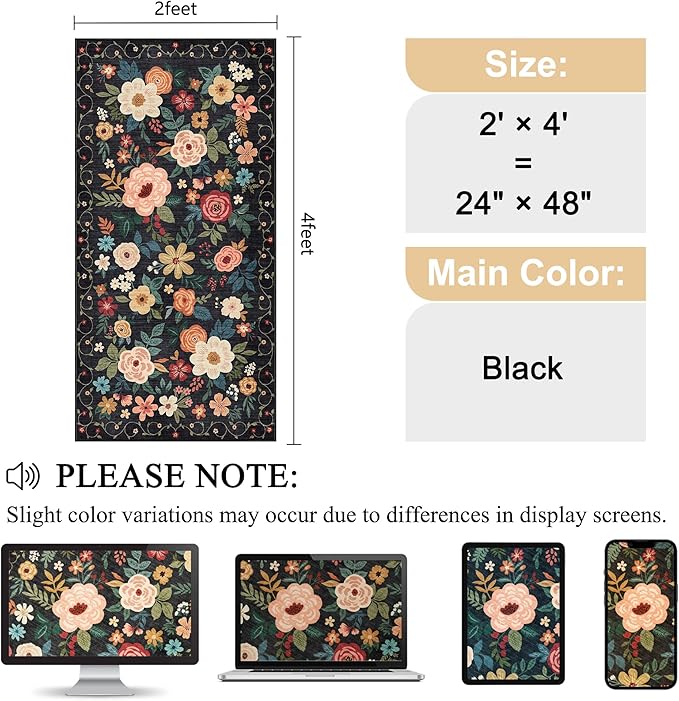 DUKINO 2x4 Entryway Rug, Floral Washable Kitchen Rugs Non Slip, Soft Indoor - Image 2