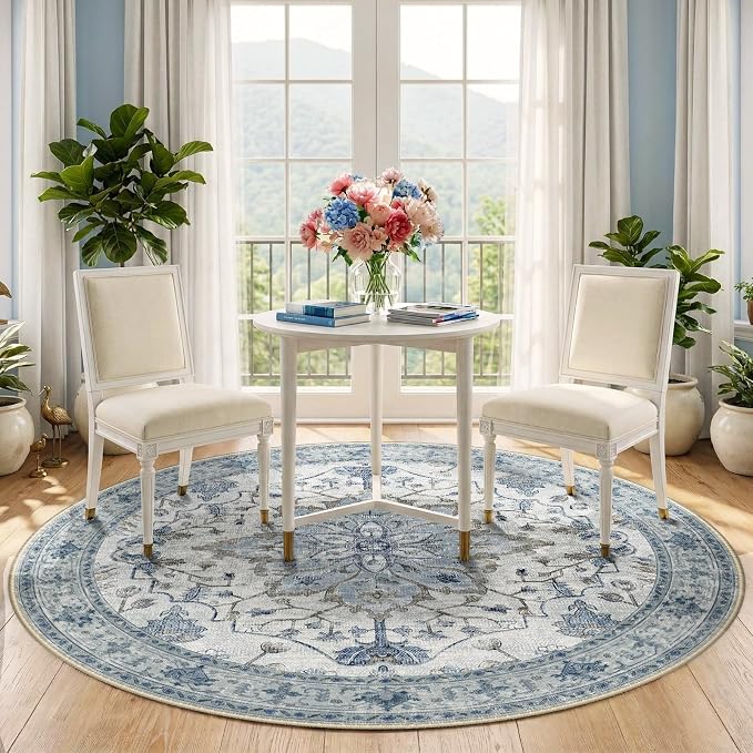 RELEANY Washable Area Rug, Round 5ft, Water Repellent, Pet Friendly, Vintage - Image 3
