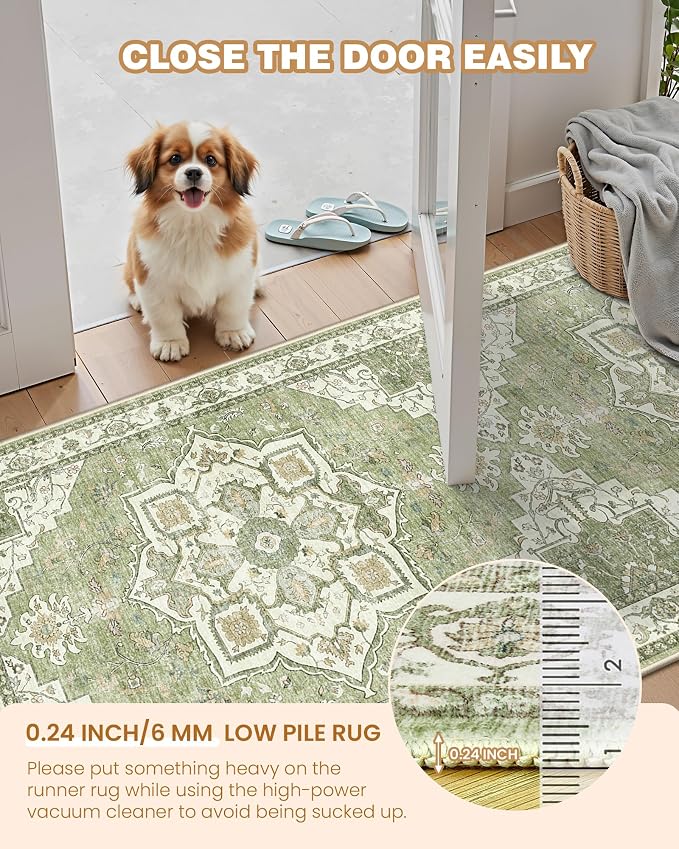 Hallway Runner Rug 2x12 Extra Long Washable Runner, Light Green | Vintage Rug - Image 5
