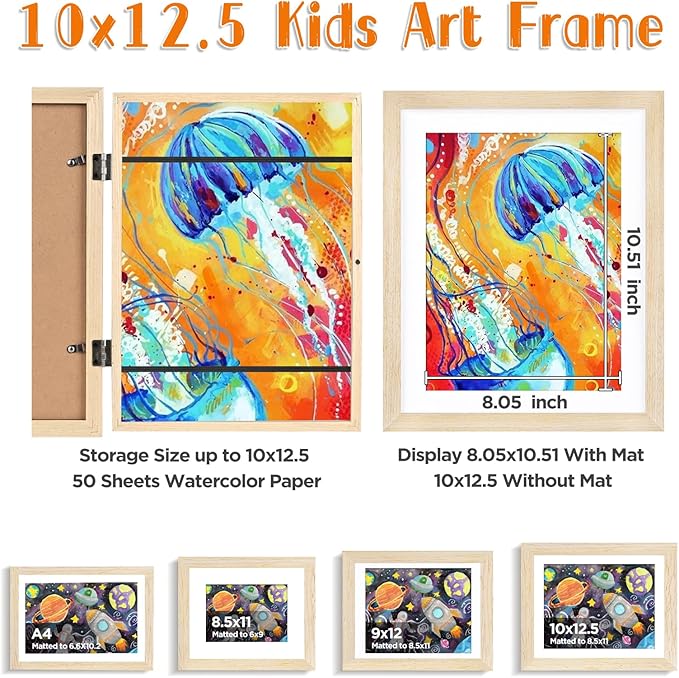 KINLINK 10x12.5 Kids Art Frames Set of 2, Solid Wood Kids Artwork Frames Changeable with Acrylic Front Opening Holds 150 Pictures, Art Frame for Kids Artwork with Mat or without Mat, Natural