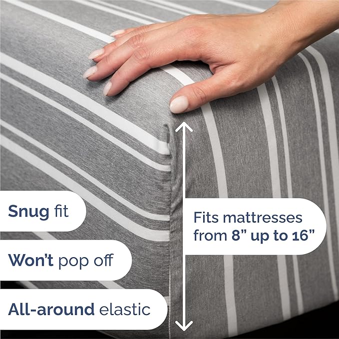 Split King 7 Piece Sheet Set - Comfy Breathable & Cooling - Soft Hotel Luxury Bedding Set w/ 8-16 Inch Deep Pockets - 1 Flat & 2 Fitted Sheet & 4 Pillowcases - Cozy and Wrinkle Free - Grey Stripes 3