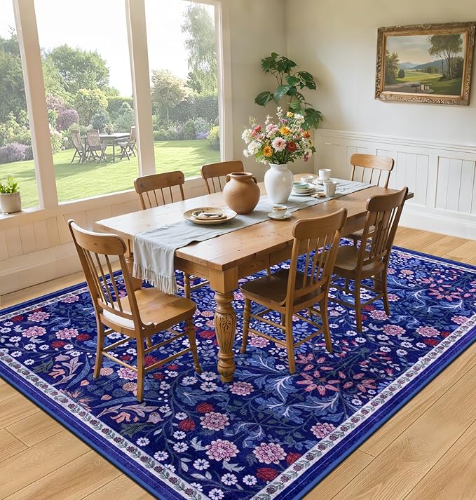 PLHXFR Area Rug Living Room: 5x7 Floral Washable Boho Soft Carpet Blue | - Image 4