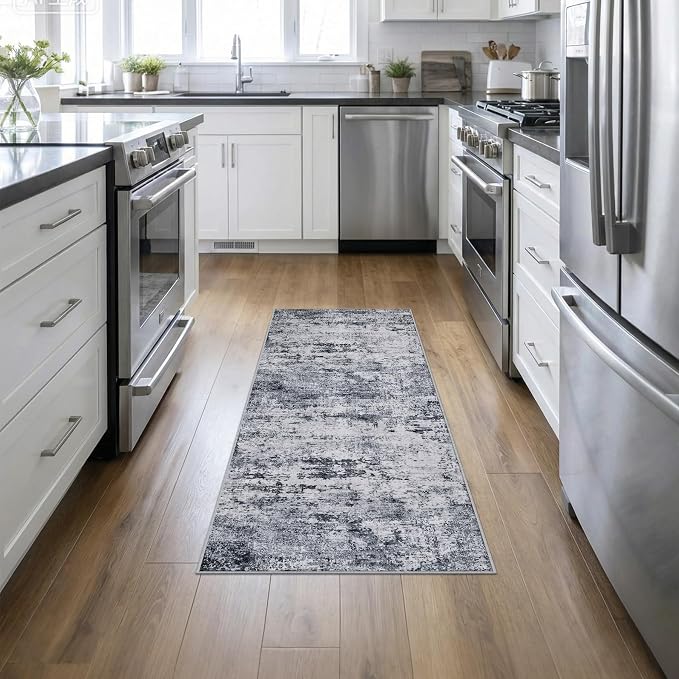 2x5 Washable Runner Rug：Modern Abstract Kitchen Soft Carpet Grey | by FXRHLP