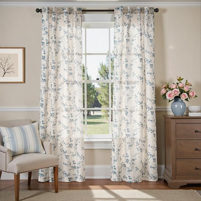 Blue Vintage Floral Linen Curtains Farmhouse 38W X 90L 2 Panels | Elisa Series - Image 2